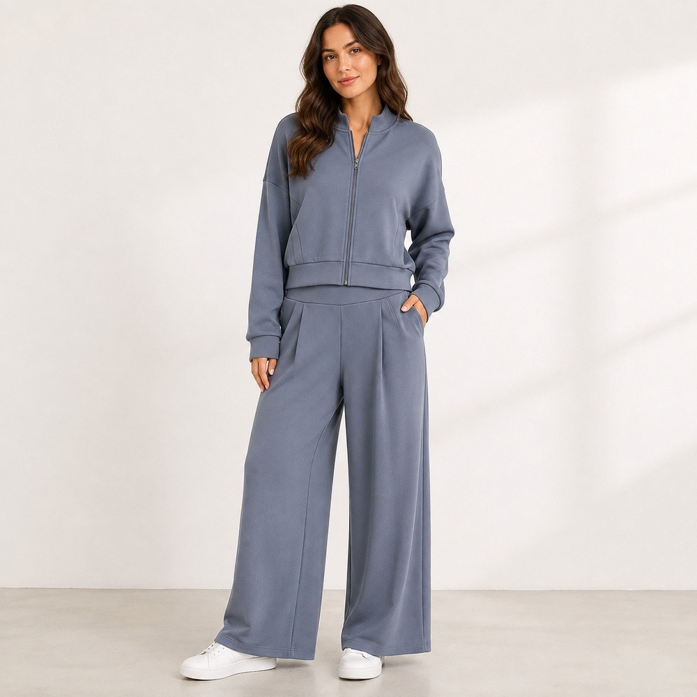 Spanx AirEssentials Blue Grey Full Zip Jacket & Wide Leg Pant Set Large Cozy
